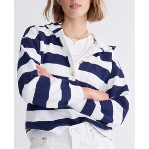 J. CREW Navy Blue & White Striped Nautical University Terry Hoodie Sweatshirt S